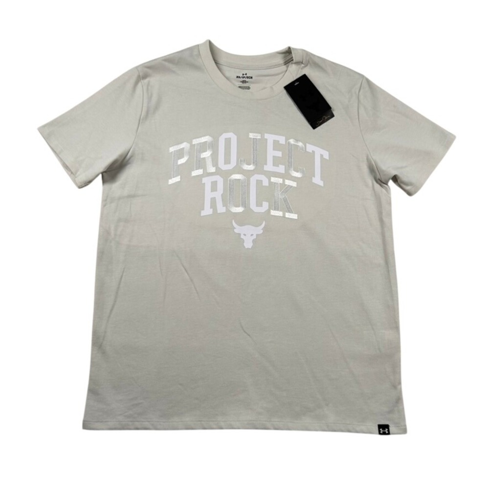 Under Armour Project Rock T-Shirt Womens XS Heavyweight Campus Cream Spell Out